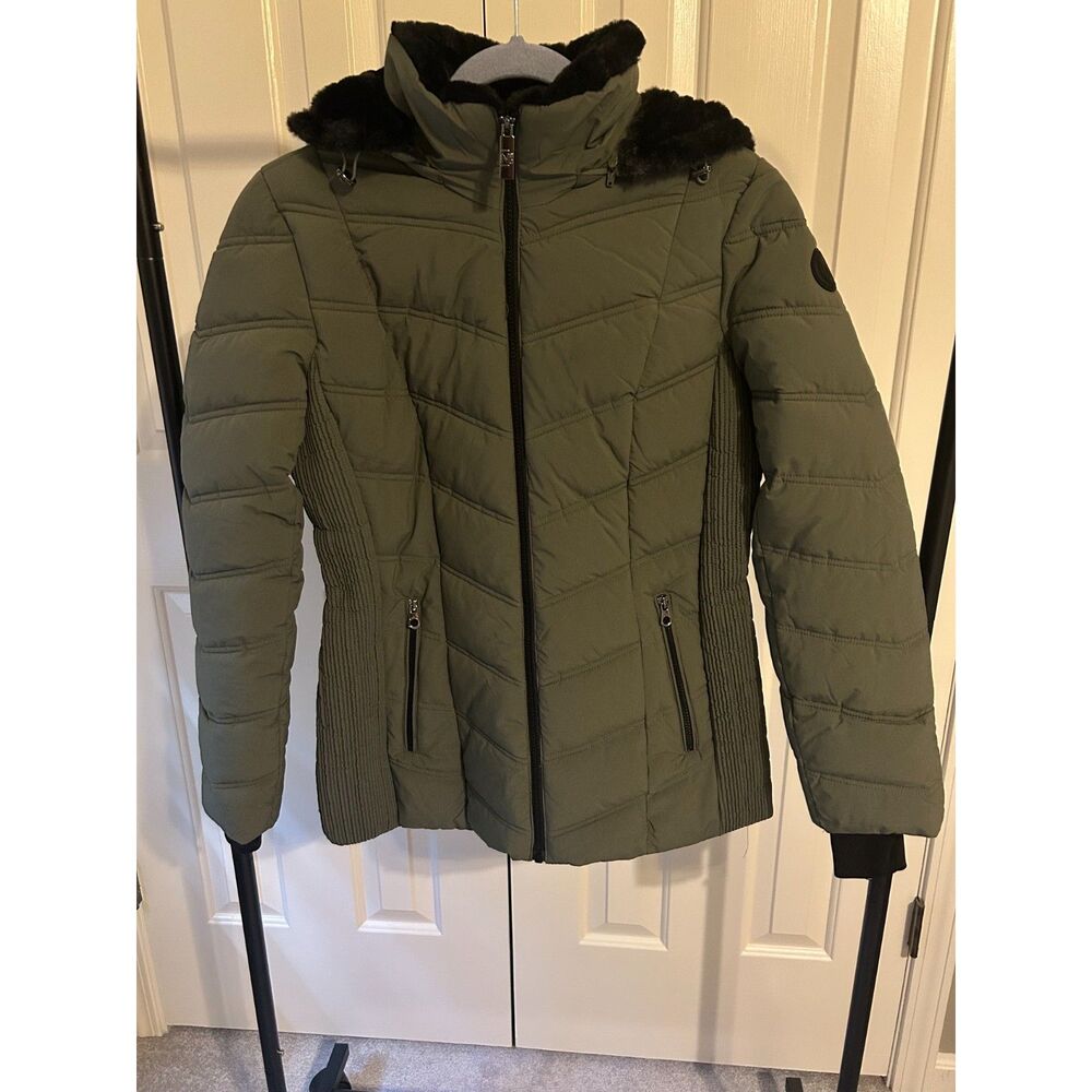 Nautica Women's Stretch Puffer Jacket Sage Green Detachable Hood Size S Small